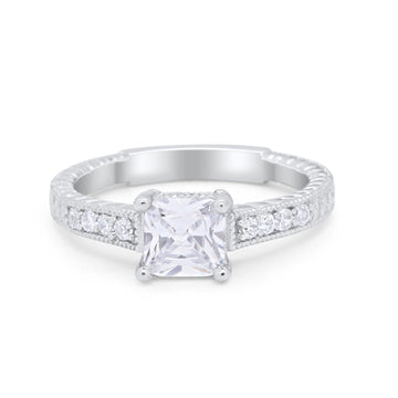 Art Deco Wedding Ring Cushion Simulated Cubic Zirconia 925 Sterling Silver